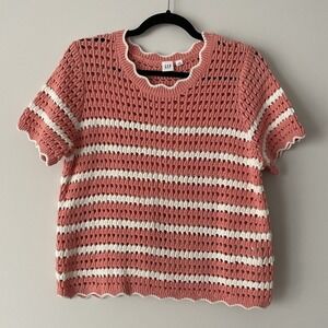 Gap 100% Cotton Crochet Open Knit Striped Top Sz M Boxy Boho Cottage Grandmacore